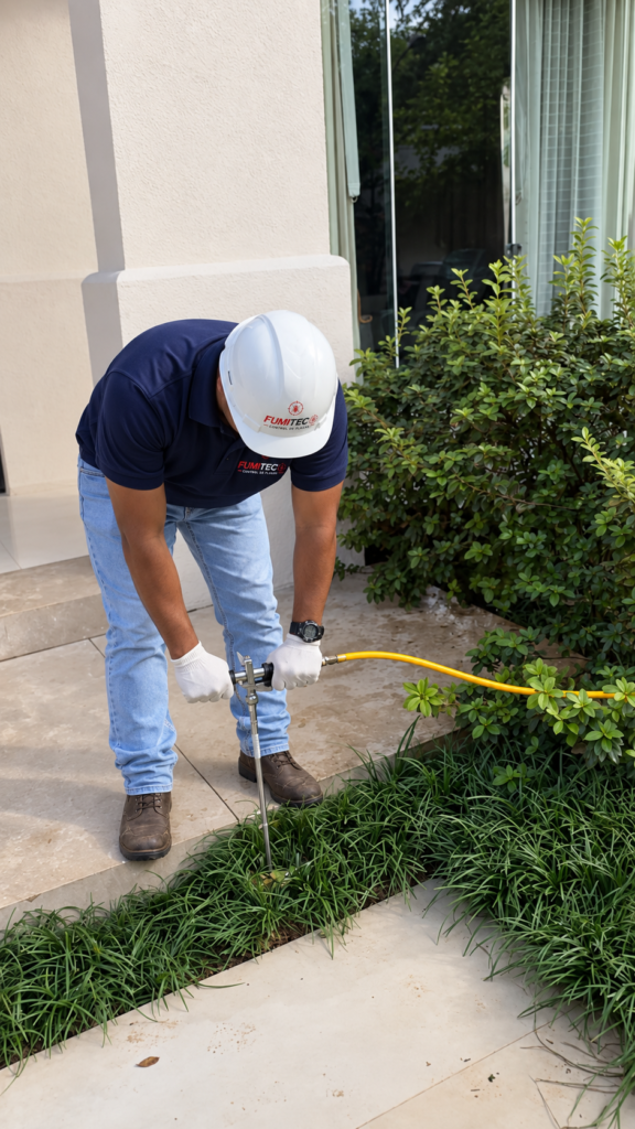 Técnico de FUMITEC aplicando tratamiento contra termitas en el suelo y jardín de una vivienda